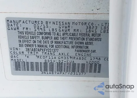2015 Nissan Sentra Sv from USA, damaged, VIN 3N1AB7APXFY231377